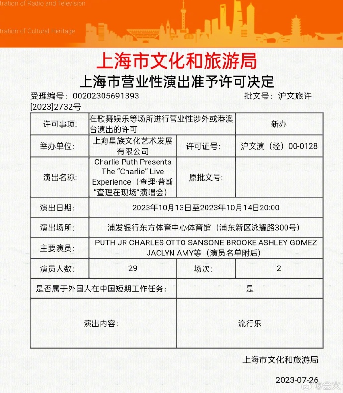 组图：“断眉”查理·普斯上海演唱会获批 将于10月举办